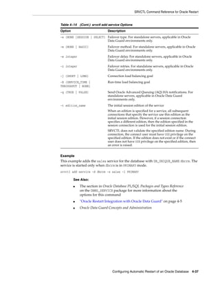 SRVCTL Command Reference for Oracle Restart
Configuring Automatic Restart of an Oracle Database 4-37
Example
This example adds the sales service for the database with DB_UNIQUE_NAME dbcrm. The
service is started only when dbcrm is in PRIMARY mode.
srvctl add service -d dbcrm -s sales -l PRIMARY
-e {NONE |SESSION | SELECT} Failover type. For standalone servers, applicable in Oracle
Data Guard environments only.
-m {NONE | BASIC} Failover method. For standalone servers, applicable in Oracle
Data Guard environments only.
-w integer Failover delay. For standalone servers, applicable in Oracle
Data Guard environments only.
-z integer Failover retries. For standalone servers, applicable in Oracle
Data Guard environments only.
-j {SHORT | LONG} Connection load balancing goal
-B {SERVICE_TIME |
THROUGHPUT | NONE}
Run-time load balancing goal
-q {TRUE | FALSE} Send Oracle Advanced Queuing (AQ) HA notifications. For
standalone servers, applicable in Oracle Data Guard
environments only.
-t edition_name The initial session edition of the service
When an edition is specified for a service, all subsequent
connections that specify the service use this edition as the
initial session edition. However, if a session connection
specifies a different edition, then the edition specified in the
session connection is used for the initial session edition.
SRVCTL does not validate the specified edition name. During
connection, the connect user must have USE privilege on the
specified edition. If the edition does not exist or if the connect
user does not have USE privilege on the specified edition, then
an error is raised.
See Also:
■ The section in Oracle Database PL/SQL Packages and Types Reference
on the DBMS_SERVICE package for more information about the
options for this command
■ "Oracle Restart Integration with Oracle Data Guard" on page 4-5
■ Oracle Data Guard Concepts and Administration
Table 4–14 (Cont.) srvctl add service Options
Option Description
 