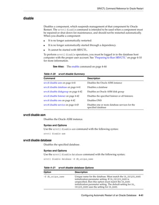 SRVCTL Command Reference for Oracle Restart
Configuring Automatic Restart of an Oracle Database 4-41
disable
Disables a component, which suspends management of that component by Oracle
Restart. The srvctl disable command is intended to be used when a component must
be repaired or shut down for maintenance, and should not be restarted automatically.
When you disable a component:
■ It is no longer automatically restarted.
■ It is no longer automatically started through a dependency.
■ It cannot be started with SRVCTL.
To perform srvctl disable operations, you must be logged in to the database host
computer with the proper user account. See "Preparing to Run SRVCTL" on page 4-10
for more information.
srvctl disable asm
Disables the Oracle ASM instance.
Syntax and Options
Use the srvctl disable asm command with the following syntax:
srvctl disable asm
srvctl disable database
Disables the specified database.
Syntax and Options
Use the srvctl disable database command with the following syntax:
srvctl disable database -d db_unique_name
See Also: The enable command on page 4-44
Table 4–20 srvctl disable Summary
Command Description
srvctl disable asm on page 4-41 Disables the Oracle ASM instance
srvctl disable database on page 4-41 Disables a database
srvctl disable diskgroup on page 4-42 Disables an Oracle ASM disk group
srvctl disable listener on page 4-42 Disables the specified listener or all listeners
srvctl disable ons on page 4-42 Disables ONS
srvctl disable service on page 4-43 Disables one or more database services for the
specified database
Table 4–21 srvctl disable database Options
Option Description
-d db_unique_name Unique name for the database. Must match the DB_UNIQUE_NAME
initialization parameter setting. If DB_UNIQUE_NAME is
unspecified, then this option must match the DB_NAME
initialization parameter setting. The default setting for DB_
UNIQUE_NAME uses the setting for DB_NAME.
 