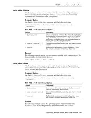 SRVCTL Command Reference for Oracle Restart
Configuring Automatic Restart of an Oracle Database 4-57
srvctl setenv database
Sets the values of environment variables in the Oracle Restart configuration for a
database instance. Before starting the instance, Oracle Restart sets environment
variables to the values stored in the configuration.
Syntax and Options
Use the srvctl setenv database command with the following syntax:
srvctl setenv database -d db_unique_name {-t name=val[,name=val,...] |
-T name=val}
Example
The following example sets the LANG environment variable in the configuration of the
database with a DB_UNIQUE_NAME of dbcrm:
srvctl setenv database -d dbcrm -t LANG=en
srvctl setenv listener
Sets the values of environment variables in the Oracle Restart configuration for a
listener. Before starting the listener, Oracle Restart sets environment variables to the
values stored in the configuration.
Syntax and Options
Use the srvctl setenv listener command with the following syntax:
srvctl setenv listener [-l listener_name] {-t name=val[,name=val,...] |
-T name=val}
Example
The following example sets the AIX operating system environment variable
AIXTHREAD_SCOPE in the configuration of the listener named crmlistener:
Table 4–51 srvctl setenv database Options
Options Description
-d db_unique_name Unique name for the database. Must match the DB_UNIQUE_
NAME initialization parameter setting. If DB_UNIQUE_NAME is
unspecified, then this option must match the DB_NAME
initialization parameter setting. The default setting for DB_
UNIQUE_NAME uses the setting for DB_NAME.
-t name=val[,name=val,...] Comma-delimited list of name/value pairs of environment
variables
-T name=val Enables single environment variable to be set to a value
that contains commas or other special characters
Table 4–52 srvctl setenv listener Options
Options Description
-l listener_name Listener name. If omitted, sets the specified environment
variables in all listener configurations.
-t name=val[,name=val,...] Comma-delimited list of name/value pairs of environment
variables
-T name=val Enables single environment variable to be set to a value
that contains commas or other special characters
 