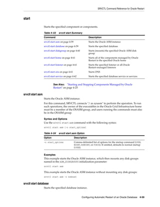 SRVCTL Command Reference for Oracle Restart
Configuring Automatic Restart of an Oracle Database 4-59
start
Starts the specified component or components.
srvctl start asm
Starts the Oracle ASM instance.
For this command, SRVCTL connects "/ as sysasm" to perform the operation. To run
such operations, the owner of the executables in the Oracle Grid Infrastructure home
must be a member of the OSASM group, and users running the commands must also
be in the OSASM group.
Syntax and Options
Use the srvctl start asm command with the following syntax:
srvctl start asm [-o start_options]
Examples
This example starts the Oracle ASM instance, which then mounts any disk groups
named in the ASM_DISKGROUPS initialization parameter:
srvctl start asm
This example starts the Oracle ASM instance without mounting any disk groups:
srvctl start asm -o nomount
srvctl start database
Starts the specified database instance.
Table 4–53 srvctl start Summary
Command Description
srvctl start asm on page 4-59 Starts the Oracle ASM instance
srvctl start database on page 4-59 Starts the specified database
srvctl start diskgroup on page 4-60 Starts (mounts) the specified Oracle ASM disk
group
srvctl start home on page 4-61 Starts all of the components managed by Oracle
Restart in the specified Oracle home
srvctl start listener on page 4-61 Starts the specified listener or all Oracle
Restart–managed listeners
srvctl start ons on page 4-61 Starts ONS
srvctl start service on page 4-62 Starts the specified database service or services
See Also: "Starting and Stopping Components Managed by Oracle
Restart" on page 4-25
Table 4–54 srvctl start asm Option
Option Description
-o start_options Comma-delimited list of options for the startup command (OPEN,
MOUNT, NOMOUNT, or FORCE). If omitted, defaults to normal startup
(OPEN).
 