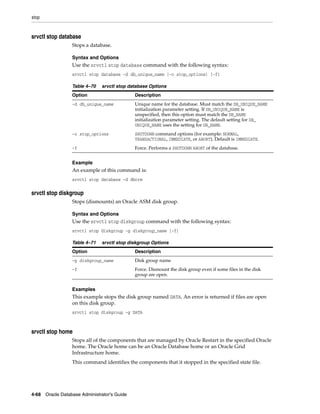 stop
4-68 Oracle Database Administrator's Guide
srvctl stop database
Stops a database.
Syntax and Options
Use the srvctl stop database command with the following syntax:
srvctl stop database -d db_unique_name [-o stop_options] [-f]
Example
An example of this command is:
srvctl stop database -d dbcrm
srvctl stop diskgroup
Stops (dismounts) an Oracle ASM disk group.
Syntax and Options
Use the srvctl stop diskgroup command with the following syntax:
srvctl stop diskgroup -g diskgroup_name [-f]
Examples
This example stops the disk group named DATA. An error is returned if files are open
on this disk group.
srvctl stop diskgroup -g DATA
srvctl stop home
Stops all of the components that are managed by Oracle Restart in the specified Oracle
home. The Oracle home can be an Oracle Database home or an Oracle Grid
Infrastructure home.
This command identifies the components that it stopped in the specified state file.
Table 4–70 srvctl stop database Options
Option Description
-d db_unique_name Unique name for the database. Must match the DB_UNIQUE_NAME
initialization parameter setting. If DB_UNIQUE_NAME is
unspecified, then this option must match the DB_NAME
initialization parameter setting. The default setting for DB_
UNIQUE_NAME uses the setting for DB_NAME.
-o stop_options SHUTDOWN command options (for example: NORMAL,
TRANSACTIONAL, IMMEDIATE, or ABORT). Default is IMMEDIATE.
-f Force. Performs a SHUTDOWN ABORT of the database.
Table 4–71 srvctl stop diskgroup Options
Option Description
-g diskgroup_name Disk group name
-f Force. Dismount the disk group even if some files in the disk
group are open.
 