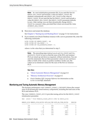 Using Automatic Memory Management
6-6 Oracle Database Administrator's Guide
6. Shut down and restart the database.
See Chapter 3, "Starting Up and Shutting Down" on page 3-1 for instructions.
7. If you started your Oracle Database instance with a server parameter file, enter the
following commands:
ALTER SYSTEM SET MEMORY_TARGET = nM;
ALTER SYSTEM SET SGA_TARGET = 0;
ALTER SYSTEM SET PGA_AGGREGATE_TARGET = 0;
where n is the value that you determined in step 3.
Monitoring and Tuning Automatic Memory Management
The dynamic performance view V$MEMORY_DYNAMIC_COMPONENTS shows the current
sizes of all dynamically tuned memory components, including the total sizes of the
SGA and instance PGA.
The view V$MEMORY_TARGET_ADVICE provides tuning advice for the MEMORY_TARGET
initialization parameter.
SQL> select * from v$memory_target_advice order by memory_size;
MEMORY_SIZE MEMORY_SIZE_FACTOR ESTD_DB_TIME ESTD_DB_TIME_FACTOR VERSION
----------- ------------------ ------------ ------------------- ----------
180 .5 458 1.344 0
270 .75 367 1.0761 0
360 1 341 1 0
450 1.25 335 .9817 0
540 1.5 335 .9817 0
630 1.75 335 .9817 0
Note: In a text initialization parameter file, if you omit the line for
MEMORY_MAX_TARGET and include a value for MEMORY_TARGET, the
database automatically sets MEMORY_MAX_TARGET to the value of
MEMORY_TARGET. If you omit the line for MEMORY_TARGET and include a
value for MEMORY_MAX_TARGET, the MEMORY_TARGET parameter defaults
to zero. After startup, you can then dynamically change MEMORY_
TARGET to a nonzero value, provided that it does not exceed the value
of MEMORY_MAX_TARGET.
Note: The preceding steps instruct you to set SGA_TARGET and PGA_
AGGREGATE_TARGET to zero so that the sizes of the SGA and instance
PGA are tuned up and down as required, without restrictions. You can
omit the statements that set these parameter values to zero and leave
either or both of the values as positive numbers. In this case, the
values act as minimum values for the sizes of the SGA or instance
PGA.
See Also:
■ "About Automatic Memory Management" on page 6-4
■ "Memory Architecture Overview" on page 6-2
■ Oracle Database SQL Language Reference for information on the
ALTER SYSTEM SQL statement
 