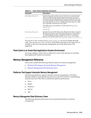 Memory Management Reference
Managing Memory 6-23
You can use ALTER SYSTEM to set db_flash_cache_size to zero to disable the flash
cache. You can also use ALTER SYSTEM to set the flash cache back to its original size to
reenable it. However, dynamically changing the size of the flash cache is not
supported.
Flash Cache in an Oracle Real Applications Clusters Environment
You must configure a flash cache on either all or none of the instances in an Oracle
Real Application Clusters environment.
Memory Management Reference
This section contains the following reference topics for memory management:
■ Platforms That Support Automatic Memory Management
■ Memory Management Data Dictionary Views
Platforms That Support Automatic Memory Management
The following platforms support automatic memory management—the Oracle
Database ability to automatically tune the sizes of the SGA and PGA, redistributing
memory from one to the other on demand to optimize performance:
■ Linux
■ Solaris
■ Windows
■ HP-UX
■ AIX
Memory Management Data Dictionary Views
The following dynamic performance views provide information on memory
management:
Table 6–4 Flash Cache Initialization Parameters
Parameter Description
db_flash_cache_file Specifies the path and file name for the file to contain the flash
cache, in either the operating system file system or an Oracle
Automatic Storage Management disk group. If the file does not
exist, the database creates it during startup. The file must reside
on a flash disk device. If you configure the flash cache on a disk
drive (spindle), performance may suffer.
The following is an example of a valid value for db_flash_
cache_file:
/dev/fioa1
db_flash_cache_size Specifies the size of the flash cache. Must be less than or equal to
the physical memory size of the flash disk device. Expressed as
nG, indicating the number of gigabytes (GB). For example, to
specify a 16 GB flash cache, set db_flash_cache_size to 16G.
 