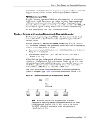 About the Oracle Database Fault Diagnosability Infrastructure
Managing Diagnostic Data 9-7
Support Workbench also recommends and provides easy access to Oracle advisors that
help you repair SQL-related problems, data corruption problems, and more.
ADRCI Command-Line Utility
The ADR Command Interpreter (ADRCI) is a utility that enables you to investigate
problems, view health check reports, and package first-failure diagnostic data, all
within a command-line environment. You can then upload the package to Oracle
Support. ADRCI also enables you to view the names of the trace files in the ADR, and
to view the alert log with XML tags stripped, with and without content filtering.
For more information on ADRCI, see Oracle Database Utilities.
Structure, Contents, and Location of the Automatic Diagnostic Repository
The Automatic Diagnostic Repository (ADR) is a directory structure that is stored
outside of the database. It is therefore available for problem diagnosis when the
database is down.
The ADR root directory is known as ADR base. Its location is set by the DIAGNOSTIC_
DEST initialization parameter. If this parameter is omitted or left null, the database sets
DIAGNOSTIC_DEST upon startup as follows:
■ If environment variable ORACLE_BASE is set, DIAGNOSTIC_DEST is set to the directory
designated by ORACLE_BASE.
■ If environment variable ORACLE_BASE is not set, DIAGNOSTIC_DEST is set to
ORACLE_HOME/log.
Within ADR base, there can be multiple ADR homes, where each ADR home is the
root directory for all diagnostic data—traces, dumps, the alert log, and so on—for a
particular instance of a particular Oracle product or component. For example, in an
Oracle Real Application Clusters environment with Oracle ASM, each database
instance, Oracle ASM instance, and listener has an ADR home.
ADR homes reside in ADR base subdirectories that are named according to the
product or component type. Figure 9–1 illustrates these top-level subdirectories.
Figure 9–1 Product/Component Type Subdirectories in the ADR
Note: Additional subdirectories might be created in the ADR
depending on your configuration. Some products automatically purge
expired diagnostic data from ADR. For other products, you can use
the ADRCI utility PURGE command at regular intervals to purge
expired diagnostic data.
asm rdbms tnslsnr clients (others)
ADR
base
diag
 