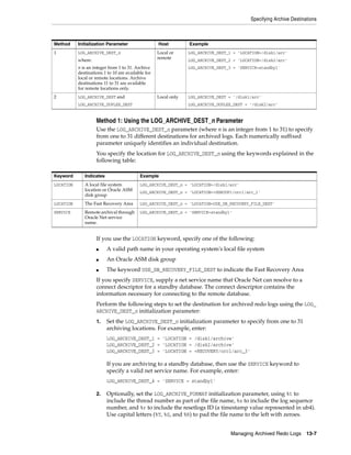 Specifying Archive Destinations
Managing Archived Redo Logs 13-7
Method 1: Using the LOG_ARCHIVE_DEST_n Parameter
Use the LOG_ARCHIVE_DEST_n parameter (where n is an integer from 1 to 31) to specify
from one to 31 different destinations for archived logs. Each numerically suffixed
parameter uniquely identifies an individual destination.
You specify the location for LOG_ARCHIVE_DEST_n using the keywords explained in the
following table:
If you use the LOCATION keyword, specify one of the following:
■ A valid path name in your operating system's local file system
■ An Oracle ASM disk group
■ The keyword USE_DB_RECOVERY_FILE_DEST to indicate the Fast Recovery Area
If you specify SERVICE, supply a net service name that Oracle Net can resolve to a
connect descriptor for a standby database. The connect descriptor contains the
information necessary for connecting to the remote database.
Perform the following steps to set the destination for archived redo logs using the LOG_
ARCHIVE_DEST_n initialization parameter:
1. Set the LOG_ARCHIVE_DEST_n initialization parameter to specify from one to 31
archiving locations. For example, enter:
LOG_ARCHIVE_DEST_1 = 'LOCATION = /disk1/archive'
LOG_ARCHIVE_DEST_2 = 'LOCATION = /disk2/archive'
LOG_ARCHIVE_DEST_3 = 'LOCATION = +RECOVERY/orcl/arc_3'
If you are archiving to a standby database, then use the SERVICE keyword to
specify a valid net service name. For example, enter:
LOG_ARCHIVE_DEST_4 = 'SERVICE = standby1'
2. Optionally, set the LOG_ARCHIVE_FORMAT initialization parameter, using %t to
include the thread number as part of the file name, %s to include the log sequence
number, and %r to include the resetlogs ID (a timestamp value represented in ub4).
Use capital letters (%T, %S, and %R) to pad the file name to the left with zeroes.
Method Initialization Parameter Host Example
1 LOG_ARCHIVE_DEST_n
where:
n is an integer from 1 to 31. Archive
destinations 1 to 10 are available for
local or remote locations. Archive
destinations 11 to 31 are available
for remote locations only.
Local or
remote
LOG_ARCHIVE_DEST_1 = 'LOCATION=/disk1/arc'
LOG_ARCHIVE_DEST_2 = 'LOCATION=/disk2/arc'
LOG_ARCHIVE_DEST_3 = 'SERVICE=standby1'
2 LOG_ARCHIVE_DEST and
LOG_ARCHIVE_DUPLEX_DEST
Local only LOG_ARCHIVE_DEST = '/disk1/arc'
LOG_ARCHIVE_DUPLEX_DEST = '/disk2/arc'
Keyword Indicates Example
LOCATION A local file system
location or Oracle ASM
disk group
LOG_ARCHIVE_DEST_n = 'LOCATION=/disk1/arc'
LOG_ARCHIVE_DEST_n = 'LOCATION=+DGROUP1/orcl/arc_1'
LOCATION The Fast Recovery Area LOG_ARCHIVE_DEST_n = 'LOCATION=USE_DB_RECOVERY_FILE_DEST'
SERVICE Remote archival through
Oracle Net service
name.
LOG_ARCHIVE_DEST_n = 'SERVICE=standby1'
 