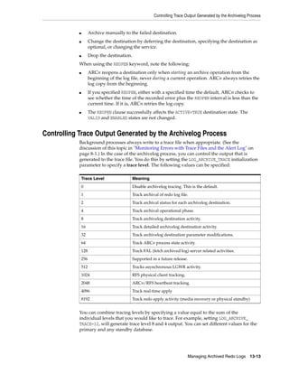 Controlling Trace Output Generated by the Archivelog Process
Managing Archived Redo Logs 13-13
■ Archive manually to the failed destination.
■ Change the destination by deferring the destination, specifying the destination as
optional, or changing the service.
■ Drop the destination.
When using the REOPEN keyword, note the following:
■ ARCn reopens a destination only when starting an archive operation from the
beginning of the log file, never during a current operation. ARCn always retries the
log copy from the beginning.
■ If you specified REOPEN, either with a specified time the default, ARCn checks to
see whether the time of the recorded error plus the REOPEN interval is less than the
current time. If it is, ARCn retries the log copy.
■ The REOPEN clause successfully affects the ACTIVE=TRUE destination state. The
VALID and ENABLED states are not changed.
Controlling Trace Output Generated by the Archivelog Process
Background processes always write to a trace file when appropriate. (See the
discussion of this topic in "Monitoring Errors with Trace Files and the Alert Log" on
page 8-1.) In the case of the archivelog process, you can control the output that is
generated to the trace file. You do this by setting the LOG_ARCHIVE_TRACE initialization
parameter to specify a trace level. The following values can be specified:
You can combine tracing levels by specifying a value equal to the sum of the
individual levels that you would like to trace. For example, setting LOG_ARCHIVE_
TRACE=12, will generate trace level 8 and 4 output. You can set different values for the
primary and any standby database.
Trace Level Meaning
0 Disable archivelog tracing. This is the default.
1 Track archival of redo log file.
2 Track archival status for each archivelog destination.
4 Track archival operational phase.
8 Track archivelog destination activity.
16 Track detailed archivelog destination activity.
32 Track archivelog destination parameter modifications.
64 Track ARCn process state activity.
128 Track FAL (fetch archived log) server related activities.
256 Supported in a future release.
512 Tracks asynchronous LGWR activity.
1024 RFS physical client tracking.
2048 ARCn/RFS heartbeat tracking.
4096 Track real-time apply
8192 Track redo apply activity (media recovery or physical standby)
 