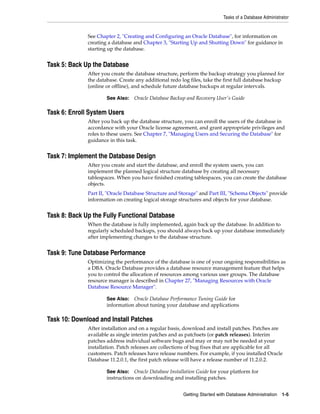 Tasks of a Database Administrator
Getting Started with Database Administration 1-5
See Chapter 2, "Creating and Configuring an Oracle Database", for information on
creating a database and Chapter 3, "Starting Up and Shutting Down" for guidance in
starting up the database.
Task 5: Back Up the Database
After you create the database structure, perform the backup strategy you planned for
the database. Create any additional redo log files, take the first full database backup
(online or offline), and schedule future database backups at regular intervals.
Task 6: Enroll System Users
After you back up the database structure, you can enroll the users of the database in
accordance with your Oracle license agreement, and grant appropriate privileges and
roles to these users. See Chapter 7, "Managing Users and Securing the Database" for
guidance in this task.
Task 7: Implement the Database Design
After you create and start the database, and enroll the system users, you can
implement the planned logical structure database by creating all necessary
tablespaces. When you have finished creating tablespaces, you can create the database
objects.
Part II, "Oracle Database Structure and Storage" and Part III, "Schema Objects" provide
information on creating logical storage structures and objects for your database.
Task 8: Back Up the Fully Functional Database
When the database is fully implemented, again back up the database. In addition to
regularly scheduled backups, you should always back up your database immediately
after implementing changes to the database structure.
Task 9: Tune Database Performance
Optimizing the performance of the database is one of your ongoing responsibilities as
a DBA. Oracle Database provides a database resource management feature that helps
you to control the allocation of resources among various user groups. The database
resource manager is described in Chapter 27, "Managing Resources with Oracle
Database Resource Manager".
Task 10: Download and Install Patches
After installation and on a regular basis, download and install patches. Patches are
available as single interim patches and as patchsets (or patch releases). Interim
patches address individual software bugs and may or may not be needed at your
installation. Patch releases are collections of bug fixes that are applicable for all
customers. Patch releases have release numbers. For example, if you installed Oracle
Database 11.2.0.1, the first patch release will have a release number of 11.2.0.2.
See Also: Oracle Database Backup and Recovery User's Guide
See Also: Oracle Database Performance Tuning Guide for
information about tuning your database and applications
See Also: Oracle Database Installation Guide for your platform for
instructions on downloading and installing patches.
 
