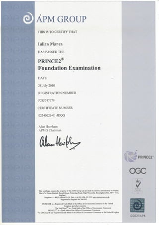 Certificate Prince2 Iulian Manea