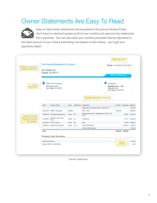 1
Owner Statements Are Easy To Read
Easy-to-read owner statements will be posted to the secure Owners Portal.
You’ll have on-demand access to all of your monthly and year-end tax statements
from anywhere. You can also have your monthly proceeds directly deposited to
the bank account of your choice preventing mail delays or lost checks - you'll get your
payments faster!
Owner Statement
Your Property Management Company
50 Castilian Dr.
Goleta, CA 93117
Period: 01 Dec 2013-31 Dec 2013
Owner Statement
Raymond Thompson
896 Sofitel Drive
San Diego, CA 92109
Properties
Bayside Court - 3960
Bayside Court
San Diego, CA 92109
Date Payee / Payer Type Reference Description Income Expense Balance
Beginning Cash Balance as of 12/01/2013 400.00
12/02/2013 William Thompson Receipt Rent - Rent 3,000.00 3,400.00
12/04/2013 Interwest Management Check 92
Management Fees - Management Fees for 12/
2013
240.00 3,160.00
12/10/2013
Mountain View Lawn
Care
Check 93 Gardening 114.71 3,045.29
12/15/2013 PECO Gas Co. Check 98 Gas 135.96 2,909.33
12/20/2013 Raymond Thompson Check 109 Owner Distribution 2,509.33 400.00
Ending Cash Balance 400.00
Total 3,000.00 3,000.00
Property Cash Summary
Required Reserves 400.00
Prepaid Rent for Future Rent 0.00
Current
balance
Complete description of each bill
Easily identify bills
paid and associated
with each property
– no surprises.
Owner
information
Property management
company information
Statement period
 