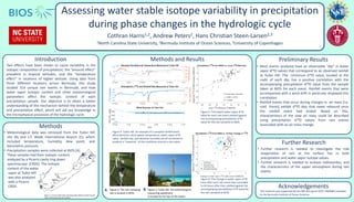 Assessing water stable isotope variability in precipitation
during phase changes in the hydrologic cycle
Cothran Harris1,2, Andrew Peters2, Hans Christian Steen-Larsen2,3
1North Carolina State University, 2Bermuda Institute of Ocean Sciences, 3University of Copenhagen
Introduction
Acknowledgements
This research was supported by the NSF-REU grant (OCE-1460686) awarded
to the Bermuda Institute of Ocean Sciences
Two effects have been shown to cause variability in the
isotopic composition of precipitation; the “amount effect”
prevalent in tropical latitudes, and the “temperature
effect” in locations of higher latitude. Using data from
three different locations across Bermuda, this study
studied 314 unique rain events in Bermuda, and how
water vapor isotopic content and other meteorological
parameters affect the isotopic content of each
precipitation sample. Our objective is to attain a better
understanding of the mechanism behind the temperature
and precipitation effect, which will aid out knowledge in
the microphysical processes of the hydrologic cycle.
Methods
• Meteorological data was retrieved from the Tudor Hill
site (B) and L.F. Wade International Airport (C), which
included temperature, humidity, dew point, and
barometric pressure.
• Precipitation samples were collected at BIOS (A).
These samples had their isotopic content
analyzed by a Picarro cavity ring down
spectroscopy (CRDS). The isotopic
content of the water
vapor at Tudor Hill
was also analyzed
with a Picarro
CRDS.
A
B
Figure 3: Tudor Hill. All
meteorological measuring
equipment
Is located at the top of the tower.
Methods and Results Preliminary Results
• Most events analyzed have an observable “dip” in water
vapor d18O values that correspond to an observed rainfall
at Tudor Hill. The minimum d18O value, located at the
nadir of each dip, has a positive correlation with the
accompanying precipitation d18O value from the sample
taken at BIOS for each event. Rainfall events that were
accompanied with a wind shift in particular displayed this
correlation.
• Rainfall events that occur during changes in air mass (i.e.
cold fronts) exhibit d18O dips that never rebound once
the rainfall event had ended. Based on this,
characteristics of the new air mass could be described
using precipitation d18O values from rain events
associated with an air mass change.
Further Research
• Further research is needed to investigate the role
evaporation of rain at the surface has in both
precipitation and water vapor isotope values.
• Further research is needed to analyze radiosondes, and
the characteristics of the upper atmosphere during rain
events.
A B
Figure 1: A map of Bermuda, showing where BIOS (Location A) and
Tudor Hill (Location B) are located.
Figure 2: The rain sampling
site is located in BIOS.
Figure 3: Tudor Hill. All meteorological
measuring equipment
Is located at the top of the tower.
Figure 4: Tudor Hill. An example of a sampled rainfall event.
Wind direction, wind speed, temperature, water vapor d18O
vales, rainfall rate, and absolute humidity are all combined to
produce a “snapshot” of the conditions around a rain event.
Figure 5: The lowest water vapor d18O
value for each rain event plotted against
the accompanying precipitation d18O
value for the rain sampled at BIOS.
Figure 6: The change in water vapor d18O
from after each rain event had concluded
to 24 hours after that, plotted against the
accompanying precipitation d18O value for
the rain sampled at BIOS.
C
 