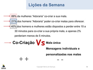 Copyright Fábrica de Startups 9
Lições da Semana
89% da mulheres “Adoraria” co-criar a sua mala.
21% dos homens “Adoraria” poder co-criar malas para oferecer.
40% dos homens e mulheres estão dispostos a perder entre 10 a
30 minutos para co-criar a sua própria mala, e apenas 2%
perderiam menos de 5 minutos.
Co-Criação VsMala única
Mensagens individuais e
personalizadas nas malas
+ + - -
 