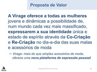 Proposta de Valor
A Virage oferece a todas as mulheres
jovens e dinâmicas a possibilidade de,
num mundo cada vez mais massificado,
expressarem a sua identidade única e
estado de espírito através da Co-Criação
e Re-Criação no dia-a-dia das suas malas
e acessórios de moda
– Virage: mais do que simples acessórios de moda,
oferece uma nova plataforma de expressão pessoal
Copyright Fábrica de Startups 3
 