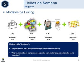 Lições da Semana
Negócio
Copyright Fábrica de Startups 9
5
 Modelos de Pricing
 