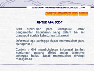 PEMBERDAYAAN TEKNOLOGI INFORMASI BALAI PENDIDIKAN DAN LATIHANPEMBERDAYAAN TEKNOLOGI INFORMASI BALAI PENDIDIKAN DAN LATIHANPEMBERDAYAAN TEKNOLOGI INFORMASI BALAI PENDIDIKAN DAN LATIHANPEMBERDAYAAN TEKNOLOGI INFORMASI BALAI PENDIDIKAN DAN LATIHAN
UNTUK APA SOD ?UNTUK APA SOD ?
 