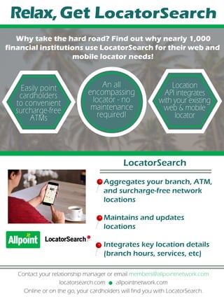 Relax,Get LocatorSearch
http://icon-park.com/imagefiles/location_pin_sphere_red.png
Aggregates your branch, ATM,
and surcharge-free network
locations
Maintains and updates
locations
Integrates key location details
(branch hours, services, etc)
LocatorSearch
Contact your relationship manager or email members@allpointnetwork.com
locatorsearch.com allpointnetwork.com
Online or on the go, your cardholders will find you with LocatorSearch.
Easily point
cardholders
to convenient
surcharge-free
ATMs
Location
API integrates
with your existing
web & mobile
locator
An all
encompassing
locator - no
maintenance
required!
Why take the hard road? Find out why nearly 1,000
financial institutions use LocatorSearch for their web and
mobile locator needs!
 