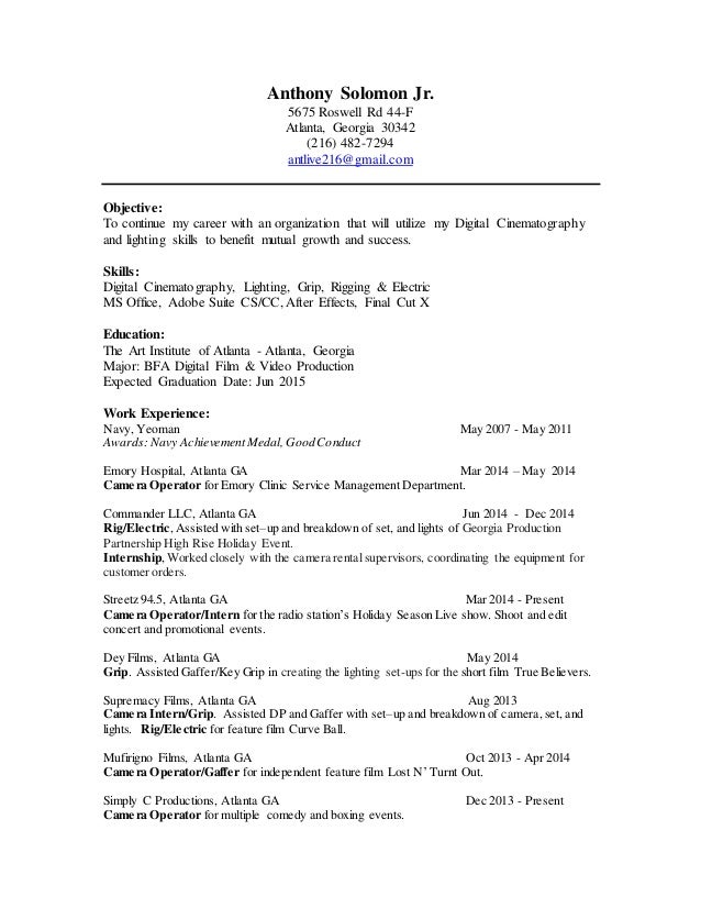 anthony solomon jr film resume gaffer resume