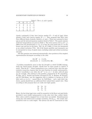 14 
by 1 part in 700. W. Heisenberg conjectured that the neutron and proton are 
two states of a single entity, the nucleon (see Nucleon), just as an electron 
with spin up and an electron with spin down are two states of a single entity, 
even though in an external magnetic field they have slightly different energies. 
Pursuing this analogy, Heisenberg and E. U. Condon proposed that the strong 
interactions are invariant under transformations in an internal space, in which 
the nucleon is a spinor (see Isospin). Thus, the nucleon is an isospin doublet, 
with Iz(p) = 1 
2 and Iz(n) = −1 
2 , and isospin (in analogy with angular momen-tum) 
is conserved. In the language of group theory, the assertion is that the 
strong interactions are invariant under the transformations of the group SU(2), 
and that particles transform as irreducible representations. The electromagnetic 
and weak interactions violate this invariance. The expression for the charge of 
the nucleons and antinucleons, 
Q = Iz + B/2 , (29) 
shows that the charge picks out a preferred direction in the internal space. (It 
is now believed that the strong interactions themselves have a small piece which 
breaks isospin symmetry, in addition to electroweak interactions.) 
With the discovery of the three pions (π+, π0 , π−) with mass remarkably 
close to that predicted by H. Yukawa (1935) in his seminal work explaining 
nuclear forces in terms of an exchange of massive quanta of a mesonic field, the 
notion of isospin acquired a new significance. It was natural, in view of the small 
π±−π0 mass difference, to assign the pion to the I = 1 representation of SU(2). 
The invariance of the pion–nucleon interaction under isospin transformations led 
to a number of predictions, all of which were confirmed. In particular, states 
initiated in pion-nucleon collisions could only have isospin 1 
2 or 3 
2 . Early work 
on pion–nucleon scattering led to the discovery of a resonance with rest mass 
1236MeV/c2, width 115MeV/c2, and angular momentum and parity JP = 3 
2 
+ 
. 
This resonance occurred in π+p scattering, so that it had to have I = 3 
2 , and 
its effects seen in π−p → π−p and π−p → π0n should be the same as those in 
π+p → π+p. This prediction was borne out by experiment. 
Formally, SU(2) invariance is described by defining generators Ii; (i = 1, 2, 3) 
obeying the Lie algebra 
[Ii, Ij ] = ieijkIk , (30) 
where eijk is totally antisymmetric in the indices and e123 = 1. The statement 
that a pion is an I = 1 state then means that the pion field a transforms 
according to 
[Ii,a] = −(Ii)abb , a = 1, 2, 3 , (31) 
where the Ii are 3×3 matrices satisfying (30). In relativistic quantum mechanics 
conservation laws must be local, so the conservation law 
dIi 
dt 
= 0 (32) 
really follows from the local conservation law 
∂ 
∂xμ Iμ 
i (x) = 0 (33) 
 