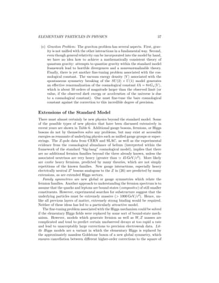 32 
weak neutral current and Z-pole data, which are sensitive to a heavy t quark 
mass through higher-order corrections, predicted a mass mt = 150±30GeV/c2. 
The t was finally discovered at the Tevatron in 1994 in the expected range. It 
is too short-lived to form observable bound states. Rather, pairs of t and ¯t 
are produced through the strong interactions, and the direct decays into b (¯b 
) 
and additional quark jets or leptons are observed. The current indirect predic-tion 
mt = 172+10 
−7 GeV/c2 is in excellent agreement with the observed value of 
178.0 ± 4.3GeV/c2, dramatically confirming the standard electroweak model. 
Why the t is so much heavier than the other fermions is not understood. 
In the four-quark model, QW in (47) involves a single mixing angle θC ≃ 0.22, 
and the higher-order diagram in Fig. 10 can account for the KL − KS mass 
difference. The generalization of QW to six quarks involves three mixing angles 
and one complex phase. In addition to θC, the dominant b quark transition 
b → c is described by a mixing angle θbc ≃ 0.04 (determined from the relatively 
long b lifetime). The much weaker b → u transition is characterized by the angle 
θbu ≃ 0.004. These angles suffice to account for the large mixing observed at 
DESY between the B0 = d¯b 
and ¯B 
0 = d¯b 
states, by a second-order diagram 
analogous to Fig. 10 (with the external s replaced by b). Large mixing between 
the B0 
s = s¯b 
and ¯B 
0 
s = ¯sb is predicted. 
Even after the discovery that the weak interactions violated parity (P) and 
¯K 
charge conjugation (C) invariance, it was generally believed that CP invariance 
was maintained. In particular, the CP = +1 state KS ∼ K0 + 0 should 
¯decay rapidly K 
(τ ∼ 0.89 × 10−10 s) into π+π− or π0π0, while the CP = −1 
state KL ∼ K0 − 0 should decay into 3π in ∼ 5.2 × 10−8 s. However, in 
1964 J. Cronin, V. Fitch, and collaborators working at Brookhaven observed 
the CP violating decays KL → 2π with branching ratios of ∼ 10−3. The results 
could be accounted for by a small CP violating mixing between the KL and 
KS states. One possibility was that this mixing is generated by an entirely 
new superweak S = 2 interaction. In 1973, M. Kobayashi and M. Maskawa 
suggested that CP breaking could be generated by the higher-order diagram 
in Fig. 10 if there were three (or more) fermion families, implying observable 
phases in QW. The observed KL − KS mixing could thus be generated either 
by the three-family standard model or by the superweak model. However, in 
the 1990’s experiments at CERN and Fermilab observed small differences in the 
CP violating KL → π0π0 and π+π− rates (relative to KS,) that required direct 
CP breaking in the decay amplitude, not just in the state mixing, strongly 
confirming the standard SU(2) × U(1) model interpretation. 
Subsequently, there have been very detailed studies of CP-violating asym-metries, 
rare decays, and other aspects of B meson decays at a number of 
laboratories, especially the “B factories” at CESR, SLAC and KEK (Japan). 
All data is consistent with the standard model, in particular with the interpre-tation 
that the patterns of decays and CP-violation can be accounted for by the 
unitary Cabibbo-Kobayashi-Maskawa (CKM) quark mixing matrix QW. This is 
illustrated by the unitarity triangle shown in Fig. 11. The charged current sec-tor 
will be tested even more stringently in the future following the (probable) 
measurement of B0 
s 
¯B 
0 
s mixing and more precise measurements of rare decays 
 