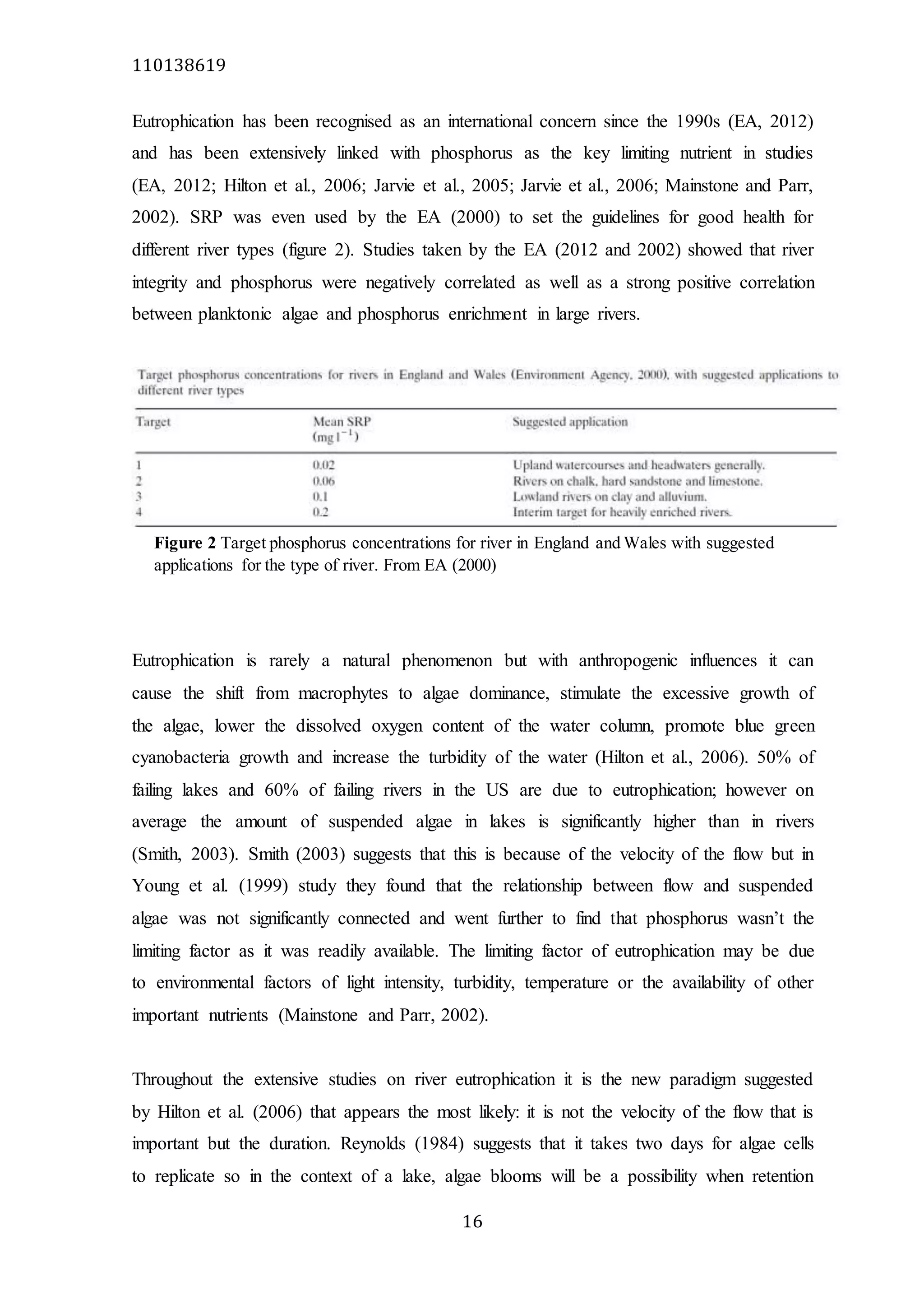 110138619
16
Eutrophication has been recognised as an international concern since the 1990s (EA, 2012)
and has been extensively linked with phosphorus as the key limiting nutrient in studies
(EA, 2012; Hilton et al., 2006; Jarvie et al., 2005; Jarvie et al., 2006; Mainstone and Parr,
2002). SRP was even used by the EA (2000) to set the guidelines for good health for
different river types (figure 2). Studies taken by the EA (2012 and 2002) showed that river
integrity and phosphorus were negatively correlated as well as a strong positive correlation
between planktonic algae and phosphorus enrichment in large rivers.
Eutrophication is rarely a natural phenomenon but with anthropogenic influences it can
cause the shift from macrophytes to algae dominance, stimulate the excessive growth of
the algae, lower the dissolved oxygen content of the water column, promote blue green
cyanobacteria growth and increase the turbidity of the water (Hilton et al., 2006). 50% of
failing lakes and 60% of failing rivers in the US are due to eutrophication; however on
average the amount of suspended algae in lakes is significantly higher than in rivers
(Smith, 2003). Smith (2003) suggests that this is because of the velocity of the flow but in
Young et al. (1999) study they found that the relationship between flow and suspended
algae was not significantly connected and went further to find that phosphorus wasn’t the
limiting factor as it was readily available. The limiting factor of eutrophication may be due
to environmental factors of light intensity, turbidity, temperature or the availability of other
important nutrients (Mainstone and Parr, 2002).
Throughout the extensive studies on river eutrophication it is the new paradigm suggested
by Hilton et al. (2006) that appears the most likely: it is not the velocity of the flow that is
important but the duration. Reynolds (1984) suggests that it takes two days for algae cells
to replicate so in the context of a lake, algae blooms will be a possibility when retention
Figure 2 Target phosphorus concentrations for river in England and Wales with suggested
applications for the type of river. From EA (2000)
 