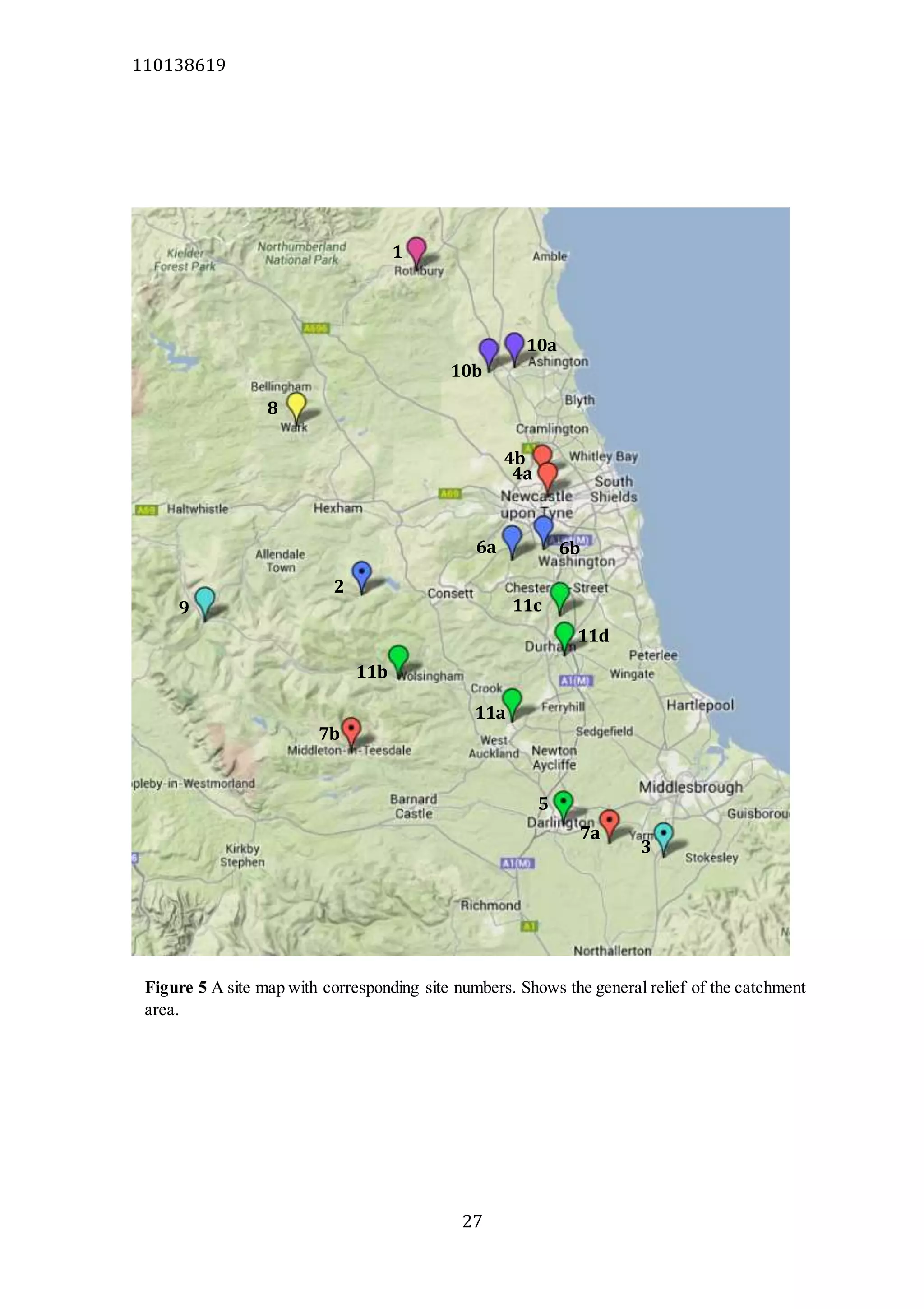 110138619
27
1
2
3
4a
4b
5
6a 6b
7a
7b
8
9
11a
11b
11c
10a
10a
11d
10a
10b
Figure 5 A site map with corresponding site numbers. Shows the general relief of the catchment
area.
 