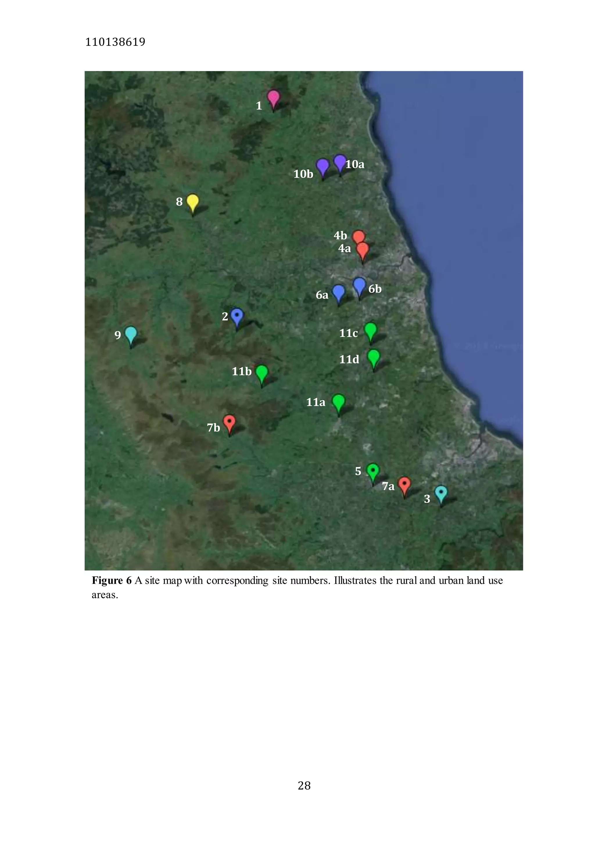 110138619
28
1
10b
10a
8
4b
4a
6a
6b
2
9 11c
11d
11a
11b
7b
5
7a
3
Figure 6 A site map with corresponding site numbers. Illustrates the rural and urban land use
areas.
 