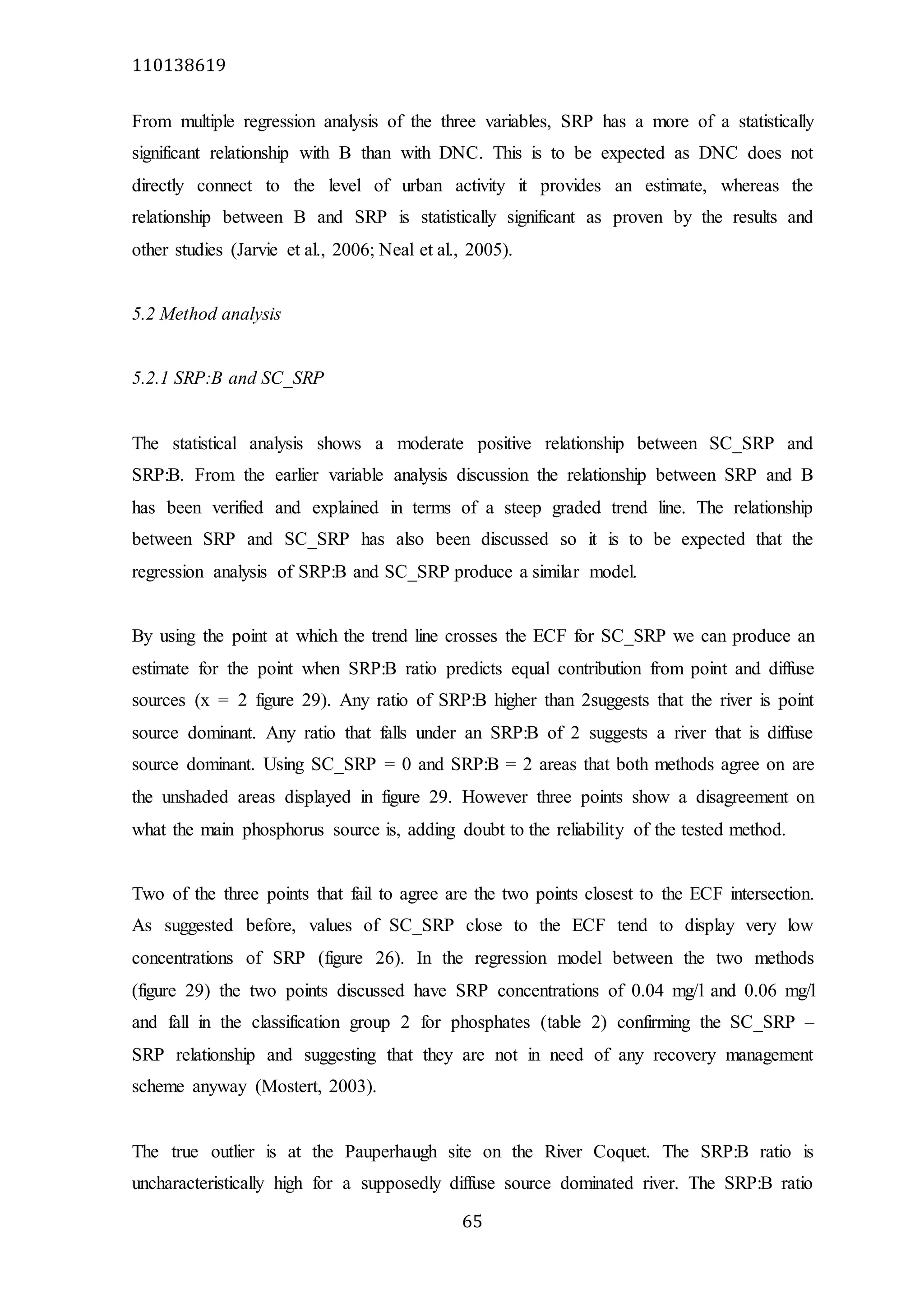 110138619
65
From multiple regression analysis of the three variables, SRP has a more of a statistically
significant relationship with B than with DNC. This is to be expected as DNC does not
directly connect to the level of urban activity it provides an estimate, whereas the
relationship between B and SRP is statistically significant as proven by the results and
other studies (Jarvie et al., 2006; Neal et al., 2005).
5.2 Method analysis
5.2.1 SRP:B and SC_SRP
The statistical analysis shows a moderate positive relationship between SC_SRP and
SRP:B. From the earlier variable analysis discussion the relationship between SRP and B
has been verified and explained in terms of a steep graded trend line. The relationship
between SRP and SC_SRP has also been discussed so it is to be expected that the
regression analysis of SRP:B and SC_SRP produce a similar model.
By using the point at which the trend line crosses the ECF for SC_SRP we can produce an
estimate for the point when SRP:B ratio predicts equal contribution from point and diffuse
sources (x = 2 figure 29). Any ratio of SRP:B higher than 2suggests that the river is point
source dominant. Any ratio that falls under an SRP:B of 2 suggests a river that is diffuse
source dominant. Using SC_SRP = 0 and SRP:B = 2 areas that both methods agree on are
the unshaded areas displayed in figure 29. However three points show a disagreement on
what the main phosphorus source is, adding doubt to the reliability of the tested method.
Two of the three points that fail to agree are the two points closest to the ECF intersection.
As suggested before, values of SC_SRP close to the ECF tend to display very low
concentrations of SRP (figure 26). In the regression model between the two methods
(figure 29) the two points discussed have SRP concentrations of 0.04 mg/l and 0.06 mg/l
and fall in the classification group 2 for phosphates (table 2) confirming the SC_SRP –
SRP relationship and suggesting that they are not in need of any recovery management
scheme anyway (Mostert, 2003).
The true outlier is at the Pauperhaugh site on the River Coquet. The SRP:B ratio is
uncharacteristically high for a supposedly diffuse source dominated river. The SRP:B ratio
 