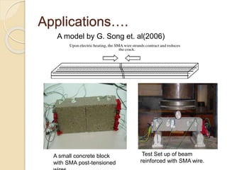 Applications….
A small concrete block
with SMA post-tensioned
Test Set up of beam
reinforced with SMA wire.
A model by G. Song et. al(2006)
 