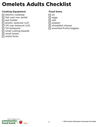 Omelets Adults Checklist
Cooking Equipment
oil
eggs
salt
pepper
shredded cheese
assorted fruits/veggies
Food items
© 2016 Greater Pittsburgh Community Food Bank
electric cooktop
flat cast iron skillet
pot holder
plastic spatulas (x2)
1/4 cup measure (x2)
1/4 teaspoon
small cutting boards
small bowls
metal forks
22
 
