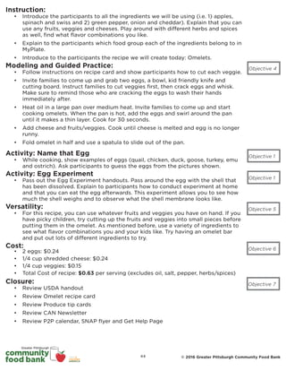 © 2016 Greater Pittsburgh Community Food Bank
Instruction:
•	 Introduce the participants to all the ingredients we will be using (i.e. 1) apples,
spinach and swiss and 2) green pepper, onion and cheddar). Explain that you can
use any fruits, veggies and cheeses. Play around with different herbs and spices
as well, find what flavor combinations you like.
•	 Explain to the participants which food group each of the ingredients belong to in
MyPlate.
•	 Introduce to the participants the recipe we will create today: Omelets.
Modeling and Guided Practice:
•	 Follow instructions on recipe card and show participants how to cut each veggie.
•	 Invite families to come up and grab two eggs, a bowl, kid friendly knife and
cutting board. Instruct families to cut veggies first, then crack eggs and whisk.
Make sure to remind those who are cracking the eggs to wash their hands
immediately after.
•	 Heat oil in a large pan over medium heat. Invite families to come up and start
cooking omelets. When the pan is hot, add the eggs and swirl around the pan
until it makes a thin layer. Cook for 30 seconds.
•	 Add cheese and fruits/veggies. Cook until cheese is melted and egg is no longer
runny.
•	 Fold omelet in half and use a spatula to slide out of the pan.
Objective 4
Objective 1
Activity: Name that Egg
•	 While cooking, show examples of eggs (quail, chicken, duck, goose, turkey, emu
and ostrich). Ask participants to guess the eggs from the pictures shown.
Versatility:
•	 For this recipe, you can use whatever fruits and veggies you have on hand. If you
have picky children, try cutting up the fruits and veggies into small pieces before
putting them in the omelet. As mentioned before, use a variety of ingredients to
see what flavor combinations you and your kids like. Try having an omelet bar
and put out lots of different ingredients to try.
Cost:
•	 2 eggs: $0.24
•	 1/4 cup shredded cheese: $0.24
•	 1/4 cup veggies: $0.15
•	 Total Cost of recipe: $0.63 per serving (excludes oil, salt, pepper, herbs/spices)
Closure:
•	 Review USDA handout
•	 Review Omelet recipe card
•	 Review Produce tip cards
•	 Review CAN Newsletter
•	 Review P2P calendar, SNAP flyer and Get Help Page
Objective 5
Objective 6
Objective 7
Activity: Egg Experiment
•	 Pass out the Egg Experiment handouts. Pass around the egg with the shell that
has been dissolved. Explain to participants how to conduct experiment at home
and that you can eat the egg afterwards. This experiment allows you to see how
much the shell weighs and to observe what the shell membrane looks like.
Objective 1
44
 