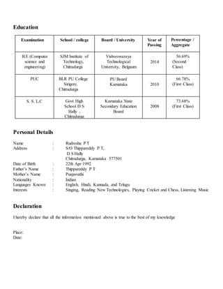 Education
Examination School / college Board / University Year of
Passing
Percentage /
Aggregate
B.E (Computer
science and
engineering)
SJM Institute of
Technology,
Chitradurga
Vishveswaraya
Technological
University, Belgaum
2014
56.69%
(Second
Class)
PUC BLR PU College
Sirigere,
Chitradurga
PU Board
Karnataka 2010
66.78%
(First Class)
S. S. L.C Govt High
School D S
Hally ,
Chitradurga
Karnataka State
Secondary Education
Board
2008
73.68%
(First Class)
Personal Details
Name : Rudresha P T
Address : S/O Thippareddy P T,
D S Hally
Chitradurga, Karnataka 577501
Date of Birth : 22th Apr 1992
Father’s Name : Thippareddy P T
Mother’s Name : Puspavathi
Nationality : Indian
Languages Known : English, Hindi, Kannada, and Telugu
Interests : Singing, Reading New Technologies, Playing Cricket and Chess, Listening Music
Declaration
I hereby declare that all the information mentioned above is true to the best of my knowledge
Place:
Date:
 