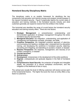 Homeland Security: A Paradigm Shift ant Its Impact on Education and Training
Homeland Security Disciplinary Matrix
The disciplinary matrix is an analytic framework for identifying the key
components that education and training courses and program should possess in
the nascent homeland security. Figure 2 graphically depicts the current state of
education and training institutes in the homeland security industry and what
customers generally can expect to receive from the entities in the market.
The horizontal axis identifies the range of crucial factors the homeland security
education and training industry offers. There are nine factors:
1. Strategic Management: a comprehensive understanding and
demonstrated application of strategic management throughout the entire
homeland security recursive flow
2. Managerial Education: the integration, understanding, and application of
management and leadership concepts, principles, and skills
3. Proactive Perspective: the integrated proactive approach of planning,
communicating and leading a strategic plan; empowerment by educating,
training, and developing the workforce in homeland security; deterring,
preventing and mitigating; and debriefing an accident, incident, or disaster.
4. Reactive Perspective: the response, management, and recovery of an
incident, emergency, or disaster
5. Counter-terrorism
6. Anti-terrorism
7. Development: inclusiveness in the development of the entire workforce
8. Degrees: undergraduate and graduate degrees in the field of homeland
security
9. Comprehensive Asset Security: the protection of tangible and intangible
assets, the promotion of a secure workplace environment, and the
mitigation of the likelihood of loss or injury
The vertical axis reveals the level of offering customers will receive across each
of the fundamental factors. The higher the score the more an entity offers a key
factor to customers.
14
 