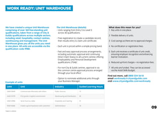 We have created a unique Unit Warehouse
comprising of over 160 free-standing unit
qualifications, taken from a range of City &
Guilds qualifications across multiple sectors,
including retail, hospitality, contact centres,
warehousing and management. The Unit
Warehouse gives you all the units you need
in one place. All units are accessible via the
qualification code 9980.
The Unit Warehouse (details):
-	Units ranging from Entry 3 to Level 3
	 across 30 qualifications.
-	Free registration to create a candidate record,
	 then results entry to claim unit certificate.
-	Each unit is priced within a simple pricing band.
-	Fast and easy approval process arrangements,
	 including automatic approval and continuing
	 Direct Claim Status to all current centres offering
	 Employability and Personal Development
	 qualifications (7546)*
.
-	For non-City & Guilds centres, approval is via
	 the common centre approval process arranged
	 through your local office*
.
-	Option to nominate additional units through
	 your Business Manager.
What does this mean for you?
1	 Key units in one place.
2	 Flexible delivery of units.
3	 Cost savings as there are no approval charges.
4	 No certification or registration fees.
5	 Each unit receives a certificate of unit credit,
			 ensuring employer recognition and enhancing
			 learner motivation.
6	 Reduced up-front charges – no registration fees.
7	 All units are funded. They can be accessed
			 via the Adult Skills Budget.
Find out more, call 0800 334 5618
email workready@cityandguilds.com
visit www.cityandguilds.com/workready
WORK READY: UNIT WAREHOUSE
09
Example of units
UAN	 Unit	 Industry		 Guided Learning Hours
D/601/9040	 Communicate effectively with others	 Public Services		 15
A/601/3729	 Pick goods in logistics environment	 Warehousing and Distribution		 20
H/601/4986	 Serve food at a table	 Hospitality and Catering		 31
R/601/6068	 Create a good impression with customers	 Administration		 18
*Subject to conditions.
 