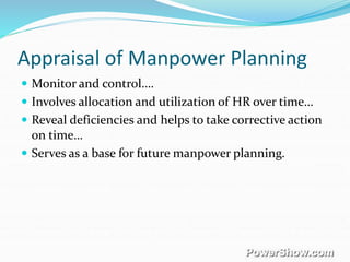 Appraisal of Manpower Planning
 Monitor and control….
 Involves allocation and utilization of HR over time…
 Reveal deficiencies and helps to take corrective action
on time…
 Serves as a base for future manpower planning.
 