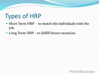 Types of HRP
 Short Term HRP - to match the individuals with the
job.
 Long Term HRP – to fulfill future vacancies.
 