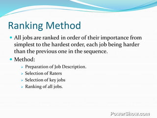 Ranking Method
 All jobs are ranked in order of their importance from
simplest to the hardest order, each job being harder
than the previous one in the sequence.
 Method:
 Preparation of Job Description.
 Selection of Raters
 Selection of key jobs
 Ranking of all jobs.
 