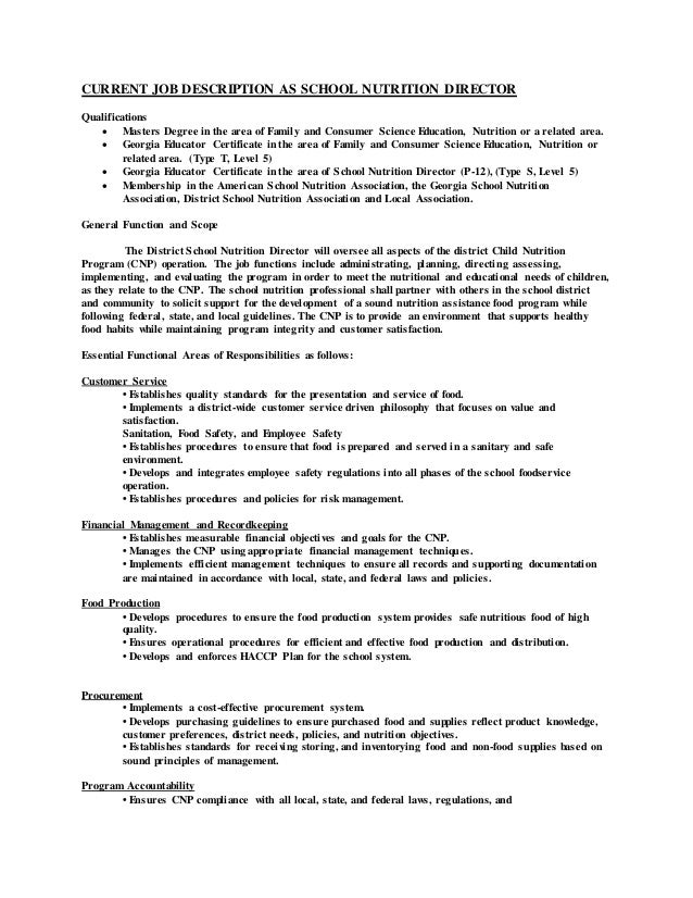 current job description as school nutrition director