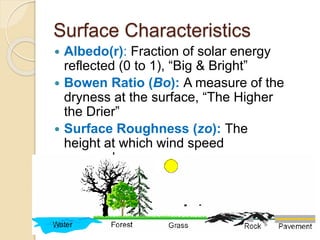 Surface Characteristics
 Albedo(r): Fraction of solar energy
reflected (0 to 1), “Big & Bright”
 Bowen Ratio (Bo): A measure of the
dryness at the surface, “The Higher
the Drier”
 Surface Roughness (zo): The
height at which wind speed
approaches zero
 