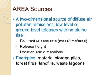 AREA Sources
 A two-dimensional source of diffuse air
pollutant emissions, low level or
ground level releases with no plume
rise
◦ Pollutant release rate (mass/time/area)
◦ Release height
◦ Location and dimensions
 Examples: material storage piles,
forest fires, landfills, waste lagoons
 