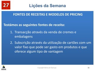 Lições da Semana
com um
1. Transacção através da venda de cremes e
embalagens
2. Subscrição através da utilização de cartões com um
valor fixo que pode ser gasto em produtos e que
oferece algum tipo de vantagem
Copyright Fábrica de Startups 15
FONTES DE RECEITAS E MODELOS DE PRICING
Testámos as seguintes fontes de receita:
 