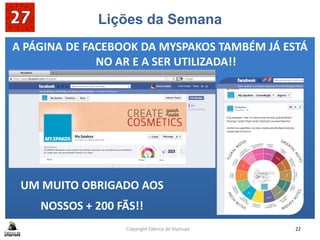 Lições da Semana
A PÁGINA DE FACEBOOK DA MYSPAKOS TAMBÉM JÁ ESTÁA PÁGINA DE FACEBOOK DA MYSPAKOS TAMBÉM JÁ ESTÁ
NO AR E A SER UTILIZADA!!
UM MUITO OBRIGADO AOS
NOSSOS + 200 FÃS!!
Copyright Fábrica de Startups 22
 