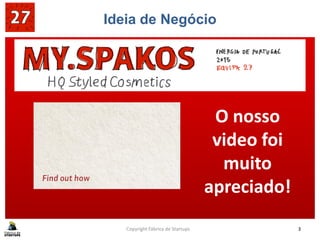 Ideia de Negócio
SABE BEM GANHAR!!SABE BEM GANHAR!!
Copyright Fábrica de Startups 3
O nosso
video foi
muito
apreciado!
 