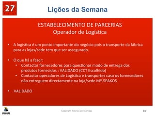 Lições da Semana
	
  
	
  
	
  
Copyright	
  Fábrica	
  de	
  Startups	
   15	
  
ESTABELECIMENTO	
  DE	
  PARCERIAS	
  
Operador	
  de	
  Logís?ca	
  
•  A	
  logís?ca	
  é	
  um	
  ponto	
  importante	
  do	
  negócio	
  pois	
  o	
  transporte	
  da	
  fábrica	
  
para	
  as	
  lojas/sede	
  tem	
  que	
  ser	
  assegurado.	
  
•  O	
  que	
  há	
  a	
  fazer:	
  
•  Contactar	
  fornecedores	
  para	
  ques?onar	
  modo	
  de	
  entrega	
  dos	
  
produtos	
  fornecidos	
  :	
  VALIDADO	
  (CCT	
  Escolhido)	
  
•  Contactar	
  operadores	
  de	
  Logís?ca	
  e	
  transportes	
  caso	
  os	
  fornecedores	
  
não	
  entreguem	
  directamente	
  na	
  loja/sede	
  MY.SPAKOS	
  
•  VALIDADO	
  
	
  
 