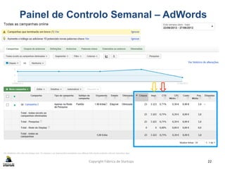 Copyright	
  Fábrica	
  de	
  Startups	
   22	
  
Painel de Controlo Semanal – AdWords
 