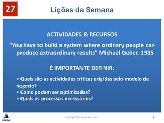 Lições da Semana
ACTIVIDADES & RECURSOS
“You have to build a system where ordinary people can
produce extraordinary results” Michael Geber, 1985
É IMPORTANTE DEFINIR:
Copyright Fábrica de Startups 9
• Quais são as actividades criticas exigidas pelo modelo de
negocio?
• Como podem ser optimizadas?
• Quais os processos necessários?
 