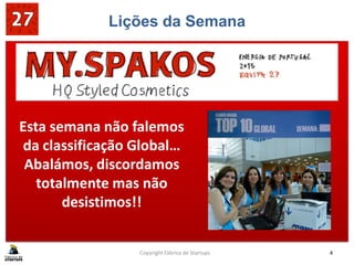 Lições da Semana
SABE BEM GANHAR!!
Copyright Fábrica de Startups 4
Esta semana não falemos
da classificação Global…
Abalámos, discordamos
totalmente mas não
desistimos!!
 