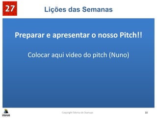 Lições das Semanas
Preparar e apresentar o nosso Pitch!!
Colocar aqui video do pitch (Nuno)
Copyright Fábrica de Startups 10
 