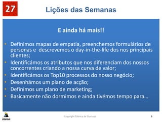 Lições das Semanas
E ainda há mais!!
• Definimos mapas de empatia, preenchemos formulários de
personas e descrevemos o day-in-the-life dos nos principais
clientes;
• Identificámos os atributos que nos diferenciam dos nossos
concorrentes criando a nossa curva de valor;
• Identificámos os Top10 processos do nosso negócio;
• Desenhámos um plano de acção;
• Definimos um plano de marketing;
• Basicamente não dormimos e ainda tivémos tempo para…
Copyright Fábrica de Startups 9
 