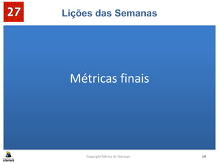 Lições das Semanas
Métricas finais
Copyright Fábrica de Startups 14
 