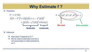 Why Estimate f ?
14
𝑌 = 𝑓 𝑋3
, 𝑋2
, 𝑋1
, 𝑋0
+ 𝜖
Data availableWe need
 Prediction
𝑌′ = 𝑓′ 𝑋
 Inference
 How does Y depend on X ?
 We do need to estimate f but the is
not necessarily to make predictions
on Y
𝐸(𝑌 − 𝑌′)2= 𝐸[𝑓 𝑋 + 𝜖 − 𝑓′(𝑋)]2
= [𝑓 𝑋 − 𝑓′(𝑋)]2+𝑉𝑎𝑟(𝜖)
Reducible Irreducible
 