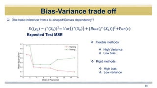 Bias-Variance trade off
18
 One basic inference from a U–shaped/Convex dependency ?
𝐸((𝑦0) − 𝑓′(𝑋0))2= 𝑉𝑎𝑟 𝑓′ 𝑋0 + [𝐵𝑖𝑎𝑠(𝑓′ 𝑋0 )]2+𝑉𝑎𝑟(𝜖)
Expected Test MSE
 Flexible methods
 High Variance
 Low bias
 Rigid methods
 High bias
 Low variance
 